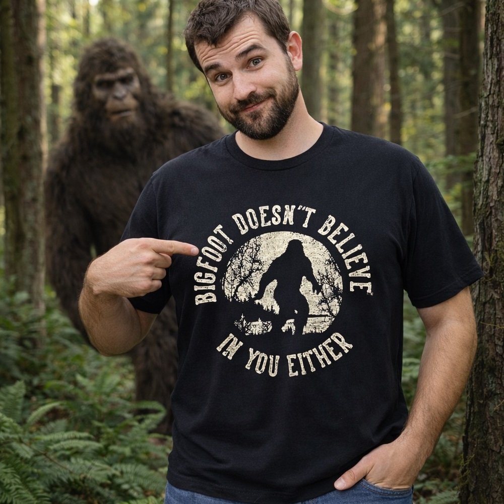 Bigfoot Doesn’t Believe In You Either Graphic T-Shirt XL Black Sasquatch.